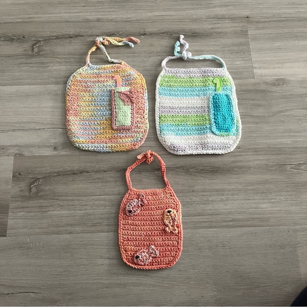 New Crochet Cotton Bibs with Pockets/Plastic Spoons & Flannel Backing (Set of 3)